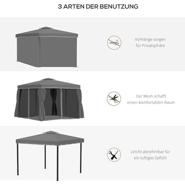 Outsunny Gartenpavillon 2,96 x 2,96 m, wetterfestes Festzelt mit Doppeldach, 4 Seitenteilen und Moskitonetz, dunkelgrau – Bild 5