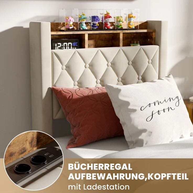 Polsterbett 90x190 cm, Beige Samt, hochelastische Polsterung, Lattenrost (ohne Matratze) – Bild 6