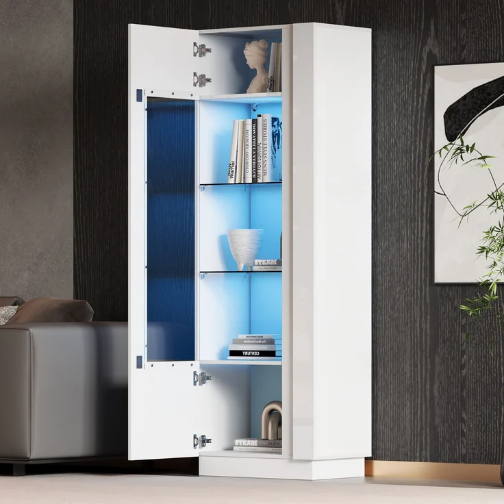 60*40*180cm Schrank,Vitrine ausSchranktür aus Acryl,Vitrine Hochglanz Lagerschrank mit LED-Beleuchtung, 3 Glasboden ,Highboard, Aufbewahrungsschrank, Hochschrank, Sofaschrank,Weiß – Bild 4