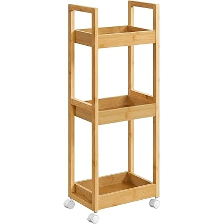 SONGMICS Badezimmerregal mit 3 Ebenen und Rollen, Bambus naturbeige, 30 x 20 x 80 cm – Bild 2