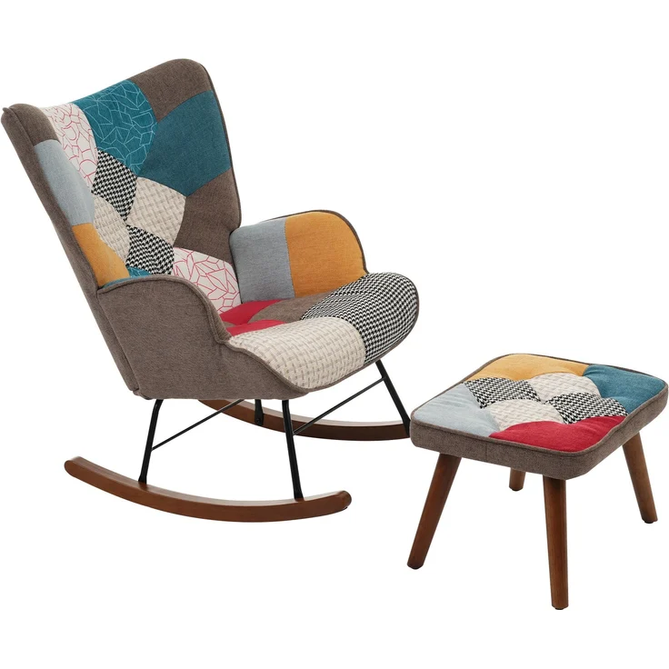 Patchwork Schaukelstuhl mit Fußhocker-Set, 88,5x69,5x50 cm & 28x50x39,5 cm, bunt – Bild 6