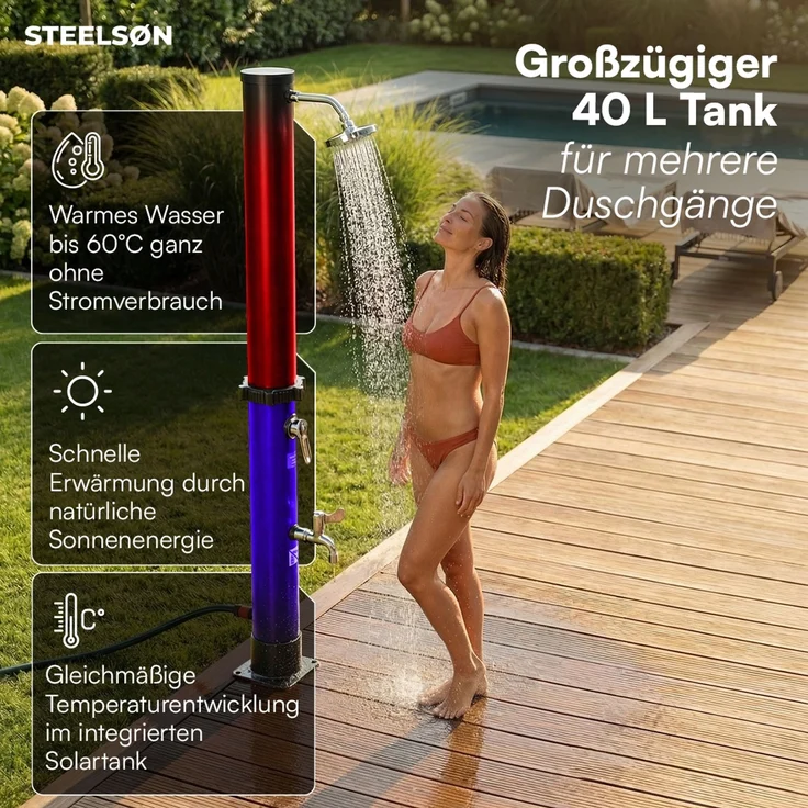 STEELSØN 'Velion' Solardusche 20 Liter, schwarz, warmes Wasser bis 60°C, Gartendusche mit schwankendem Regenduschkopf und Wasserhahn, Outdoor Dusche inkl. Schutzhaube – Bild 2