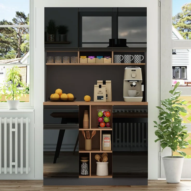 105×45×185cm,moderner Küchenschrank,Buffet,Sideboard,Grau und Schwarz,Metallgriffe,verstellbare Regale,Schubladen,offener Stauraum,Kippschutzzubehör,geeignet für Küche,Wohnzimmer und Schlafzimmer – Bild 2