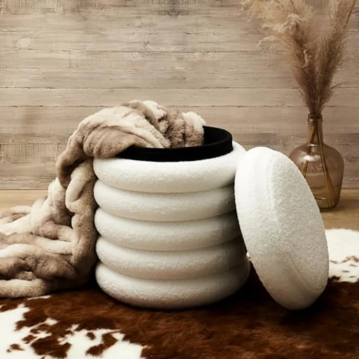 HOME DECO FACTORY, HD7623, Bouclette Freya Aufbewahrungs-Pouf, Natural Crush, Möbel, Sitz, Pouf und Bodenkissen, 37 x 43,5 x 37 cm, Sitzhöhe 43,5 cm, Weiß – Bild 10