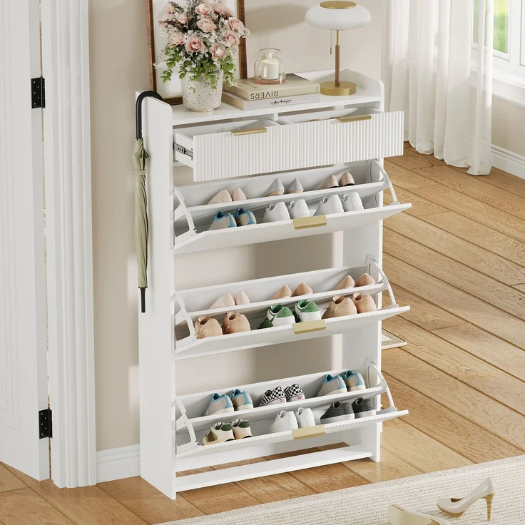 ZUBALIYA Schuhschrank (80 x 25 x 135 cm), 3 Klappfächer und 2 Schubladen, Aus Spanplatte, Stauraum für Flur und Eingangsbereich, Weiß – Bild 7