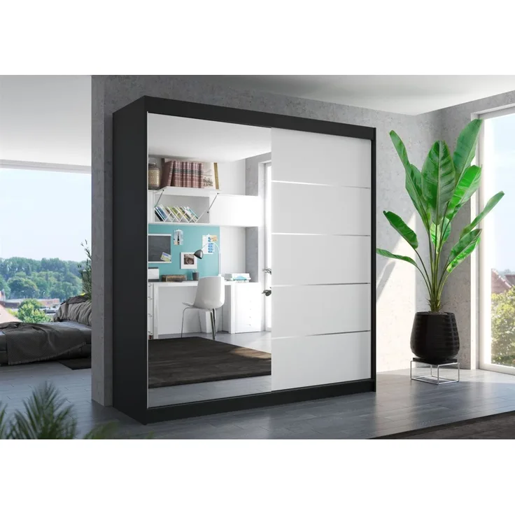 Schiebetürenschrank Schrank Nr. 415 in Schwarz- Weiß matt- Spiegel 200 x 215 x 58 cm
