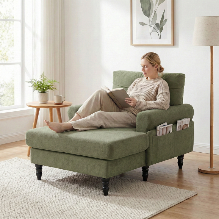 LVHOM XXL Relaxsessel mit Seitentaschen, Großer Chaiselongue-Sessel aus Chenille, Haustierfreundlich, Ergonomische Polsterung für Wohnzimmer, Büro, Wintergarten
