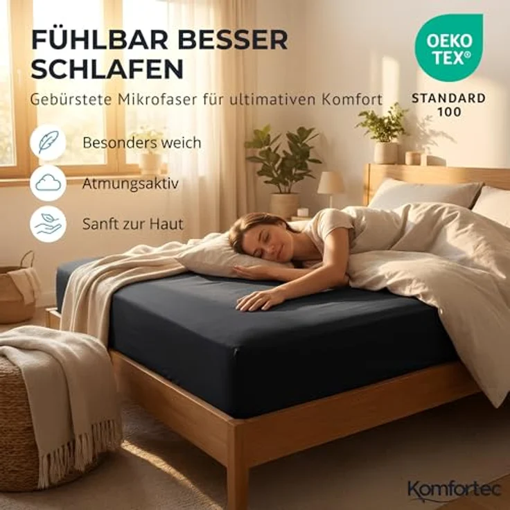 Komfortec Mikrofaser Spannbettlaken 160x200 cm – Weiches Spannbetttuch mit Rundumgummi – Fitted Sheet für Matratzen bis 30 cm – Schwarz – Oeko-Tex – Pflegeleicht & Hautfreundlich – 90g/m² – Bild 5