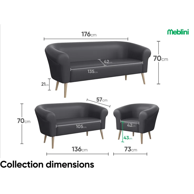 MEBLINI Sofa-Set EMILIA 3+2 - Grau Kunstleder - für Wohnzimmer - Mini Lounge für fünf Personen - Küchensofa - Sofa Klein - Sitzgarnitur - Polstergarnitur - Sofagarnituren – Bild 5