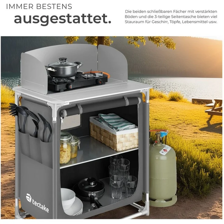 tectake Campingtisch Campingküche Premium mit Aluminiumgestell und 2 Fächern (1-St), faltbar – Bild 3