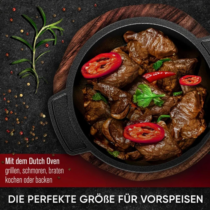 Mini Dutch Oven Set 6er aus Gusseisen – 300 ml Ø 11 cm, bereits eingebrannt, ideal für Vorspeisen & Nachspeisen inkl. Rezeptbuch – Bild 3