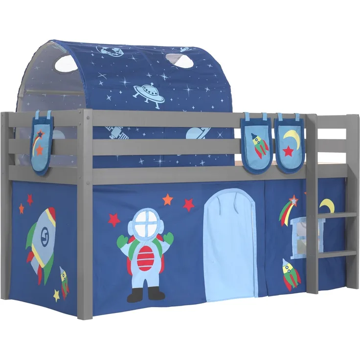 Vipack Spielbett 'Pino' grau mit Textilset Vorhang, Tunnel und 3 Taschen 'Astro'