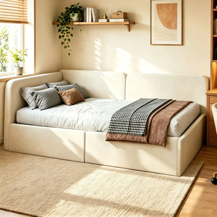 LVHOM Polsterbett 140x200 mit Stauraum, Samt Tagesbett mit Hydraulik, 2-in-1 Schlafsofa Bettgestell mit Lattenrost, Einzelbett, Beige – Bild 8