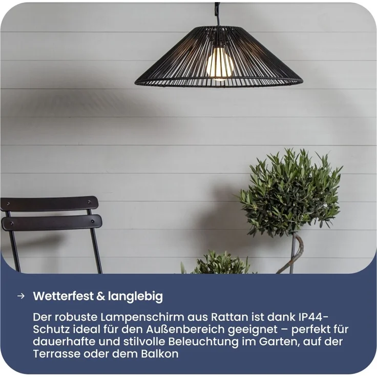 Star Rattan-Lampenschirm „Vide“ (Ø 58 cm), Für den Außenbereich - wetterfest und dekorativ in Schwarz, Kombinierbar mit E27-Outdoor-Kabelsets, Schutzart IP44 – Bild 6