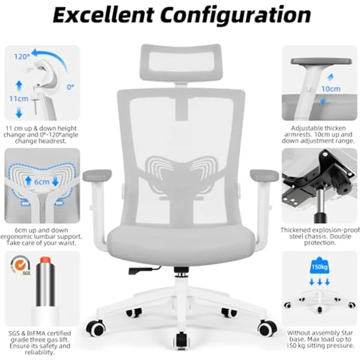Daccormax Bürostuhl Ergonomisch, mit verstellbarer Kopfstütze, Lendenwirbelstütze & Wippfunktion, Mesh grau, 70 x 70 x 128 cm – Bild 7