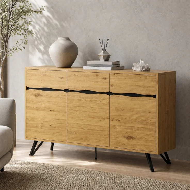 DESVIAE Sideboard mit 3 Türen 140x75,5x40 cm aus Spanplatte in Holzfarbe und Schwarz – Bild 2