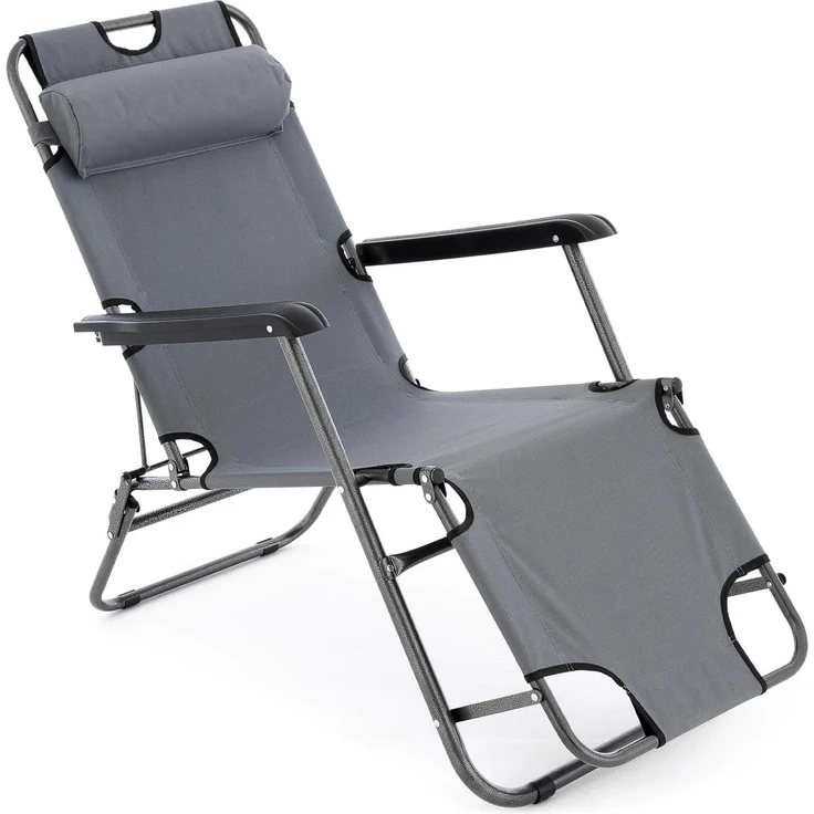 Nexos Liegestuhl Campingstuhl mit Liegefunktion Sonnenliege mit Kopfpolster Strandliege klappbar für Camping Freizeit Garten Strand grau Tragfähigkeit bis 100kg (Grau)