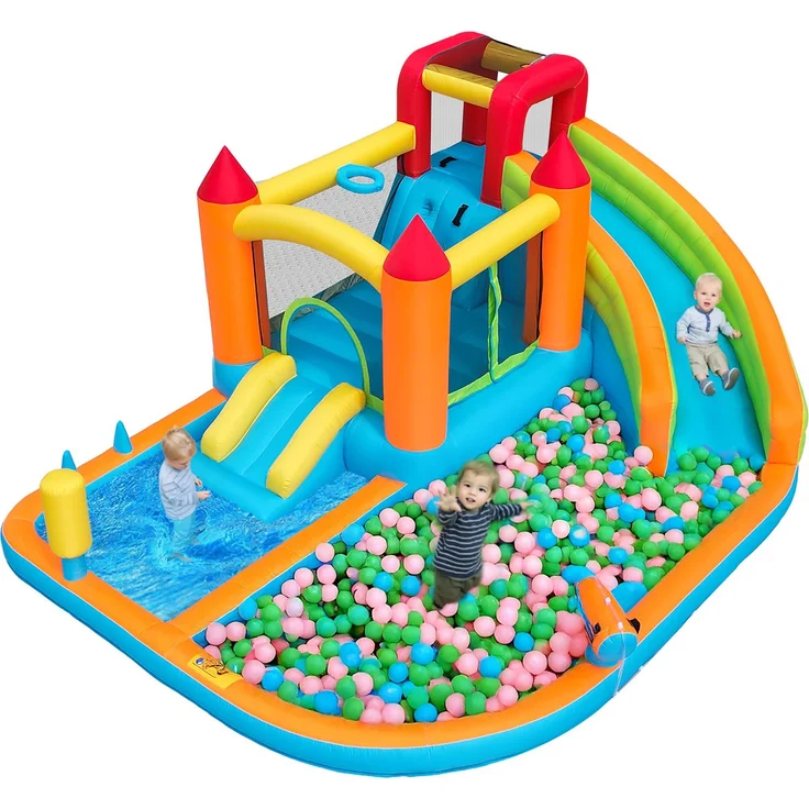 LVHOM Aufblasbare Hüpfburg mit Gebläse, Spielpool, Trocken-/Wasserrutsche, Springburg Outdoor, Wasserpark mit Trampolin, Planschbecken, 460 x 343 x 190cm – Bild 2