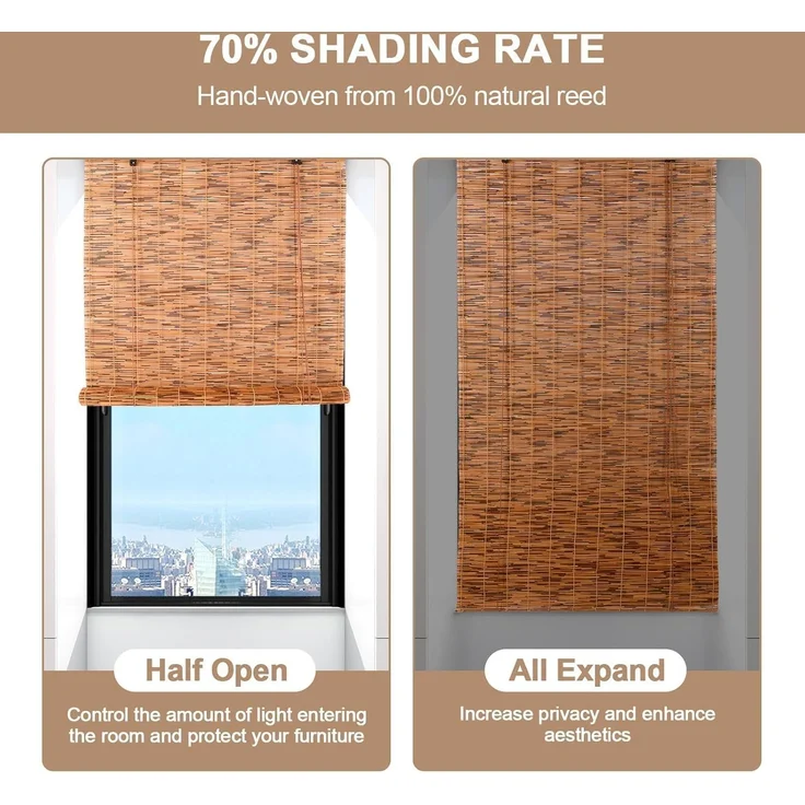 Bambus Rollo 40x130cm (Breite x Höhe) Sichtschutz und Sonnenschutz Jalousie Vorhang für Fenster, Tür, Balkon und Garten | Handgefertigtes Bambusrollo aus Schilfrohr mit Seiljustierung Wohnzimmer – Bild 3