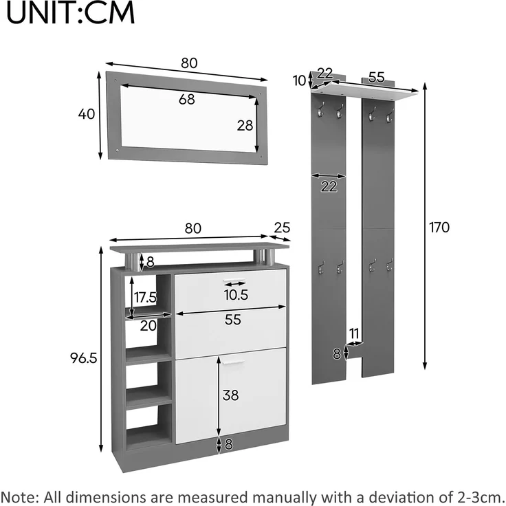 Wandgarderoben-Set 80 x 25 x 96.5 cm, inkl, Spiegel, 2 Wandpaneelen, einer Regalwand und einem Schuhschrank, Korpus anthrazitgrau matt, Flurmöbel, Flurtrockenständer, Flurgarderobe, Schuhwechsler-Set,--Grau, Weiß--91x50.5x19cm--YOUDENOVA – Bild 3