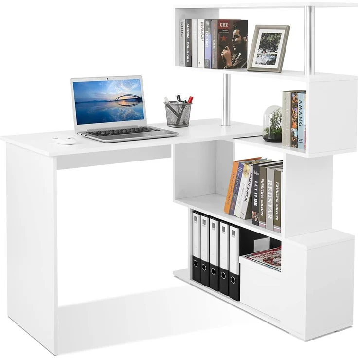 Mondeer Computertisch L-Förmig, Eckschreibtisch, mit 360 Grad Drehbarem Bücherregal für Arbeitszimmer Wohnzimmer Büro 157 x 45 x 130,5 cm, Weiß – Bild 1