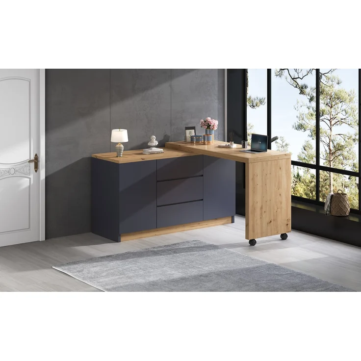 Schreibtisch 120 x 50 x 76,5 cm, 360° dreh- und klappbar, 3 Schubladen, 2 Türen, 4 cm Tischplatte, 2 feststellbare Rollen, Spanplatte, Grau/Eiche – Bild 12
