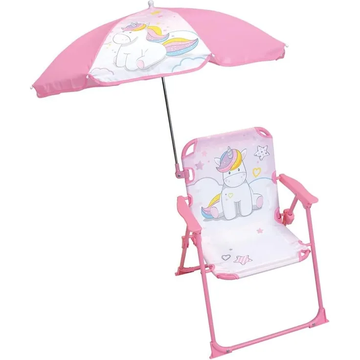 FUN HOUSE Einhorn Klappstuhl Campingstuhl, Maße: H L 38,5 x T 37,5 cm + Sonnenschirm Ø 65 cm für Kinder, Legierter Stahl, Rosa
