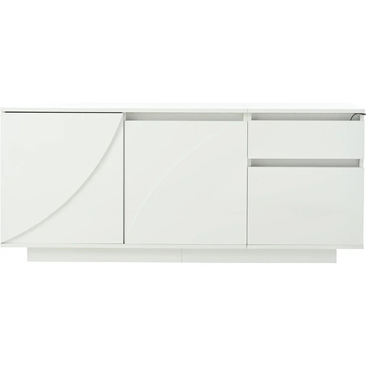Sideboard 140 cm mit LED, Weiß Hochglanz, moderner Aufbewahrungsschrank mit 3 Türen, 1 Schublade & verstellbaren Regalen – Bild 10