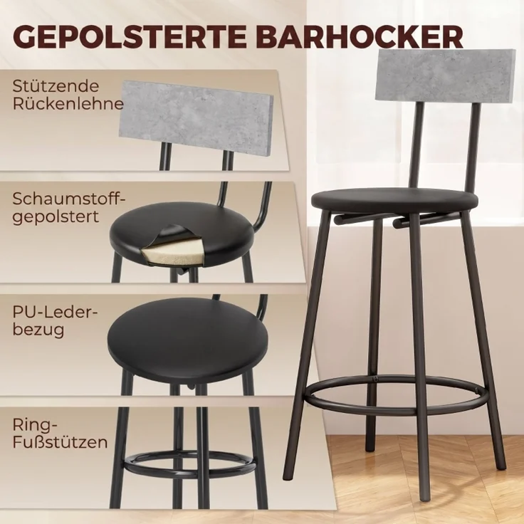 Bartisch mit Barhocker Set Tresentisch mit 2 gepolsterten Hockern mit Fußstütze für Esszimmer, kleinen Raum, Grau--Grau--100x40x90.5cm--YOUDENOVA – Bild 5