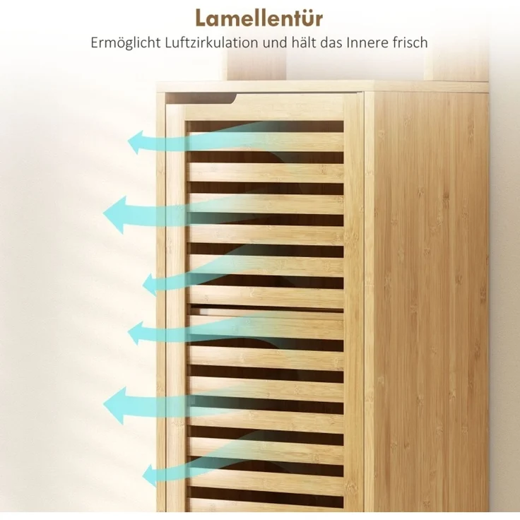 Badezimmerschrank 34 x 30 x 170 cm aus Bambus mit Lamellentür und verstellbaren Böden – Bild 3