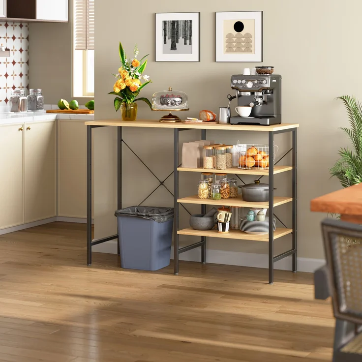 ZUBALIYA Ablagetisch 120 x 40 x 85,5 cm – flexibel montierbare Regale, Metallrahmen mit X-Verstrebung, höhenverstellbare Standfüße, MDF, Metall, Schwarz, Naturfarben – Bild 2
