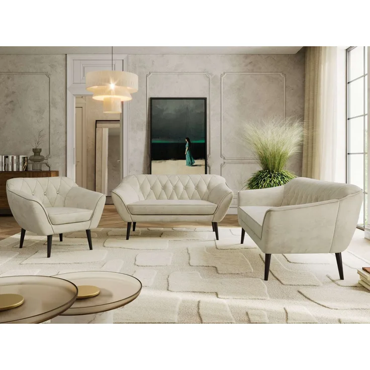 Wohnzimmerset PIRS 1-2-3, Skandinavisches Komplettset, Wellenfederung, schwarze Füße, Sitzgruppe, Möbelset - Beige Velvet