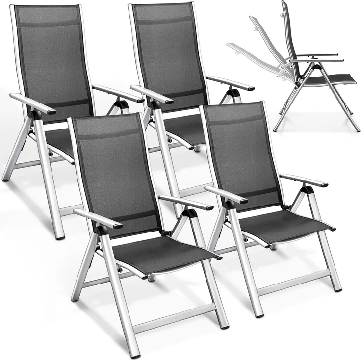tillvex Gartenstuhl Premium 4 Stück Silber klappbar aus Aluminium | Hochlehner mit Armlehnen | Klappstuhl verstellbar | Klappsessel Balkon Garten Terrasse