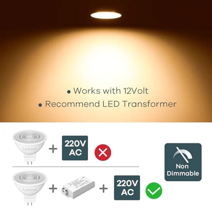 Linkind 12V GU5.3 Led 3.4W, 35 Watt ersetzt, 2700K Warmweiß 36° Abstrahlwinkel LED Spot MR16, 360Lm AC/DC 12V LED Leuchtmittel, 25,000 Std. Lebensdauer, Nicht dimmbar, 5 Stück – Bild 7
