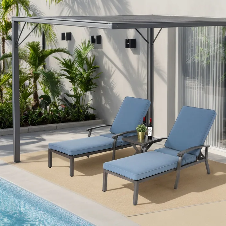 Lounge Gartenstuhl mit verstellbarer Rückenlehne, Aluminium Rahmen, bronzefarbene Pulverbeschichtung, Baumwollkissen blau