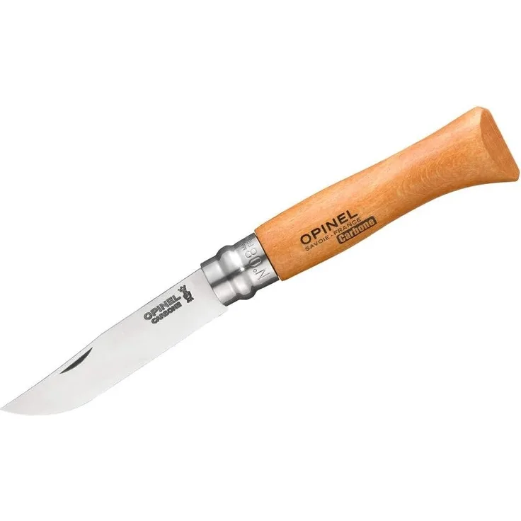 Opinel Messer No 08 Carbon Griff Buche 8,5cm lange Carbonstahlklinge, silber/natur