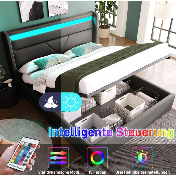 CHICFURN Polsterbett PU Grau 160x200 cm mit LED-Beleuchtung und hydraulischem Bettkasten – Bild 4