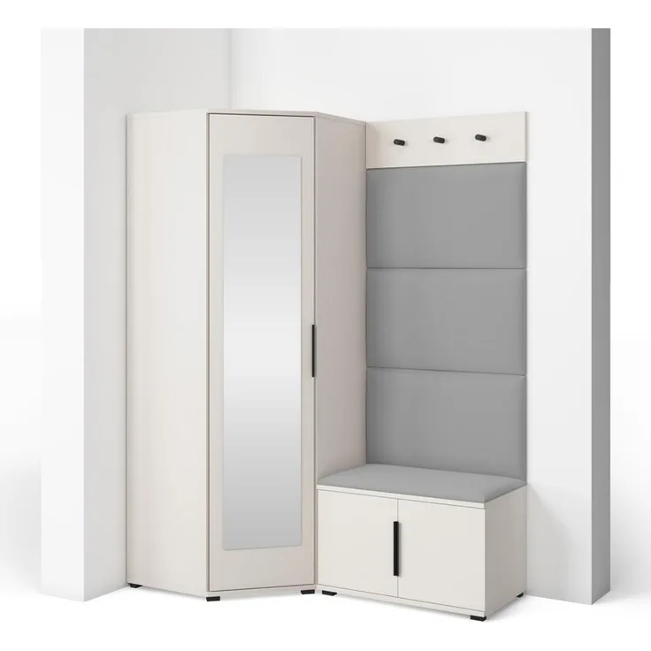 Garderoben-Set Napoli Version 17: Eckschrank mit Polsterpaneelen, Schuhschrank und Schrankaufsatz Flur und Eingangsbereich (Cashmere/Trinity 14), 189 x 70 x 140 cm