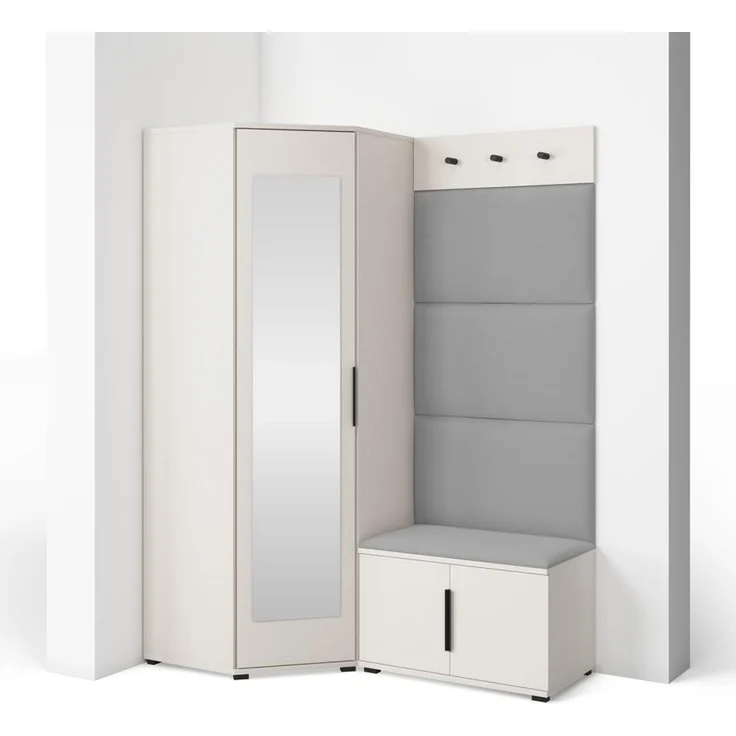 Garderoben-Set Napoli Version 17: Eckschrank mit Polsterpaneelen, Schuhschrank und Schrankaufsatz Flur und Eingangsbereich (Cashmere/Trinity 14), 189 x 70 x 140 cm – Bild 1