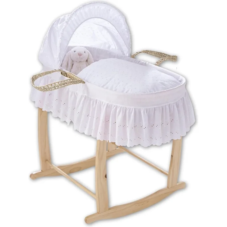 Clair de Lune Babykorb mit Broderie Anglaise Palme, mit Deluxe-Schaukelständer, Babywiege 75x28 cm