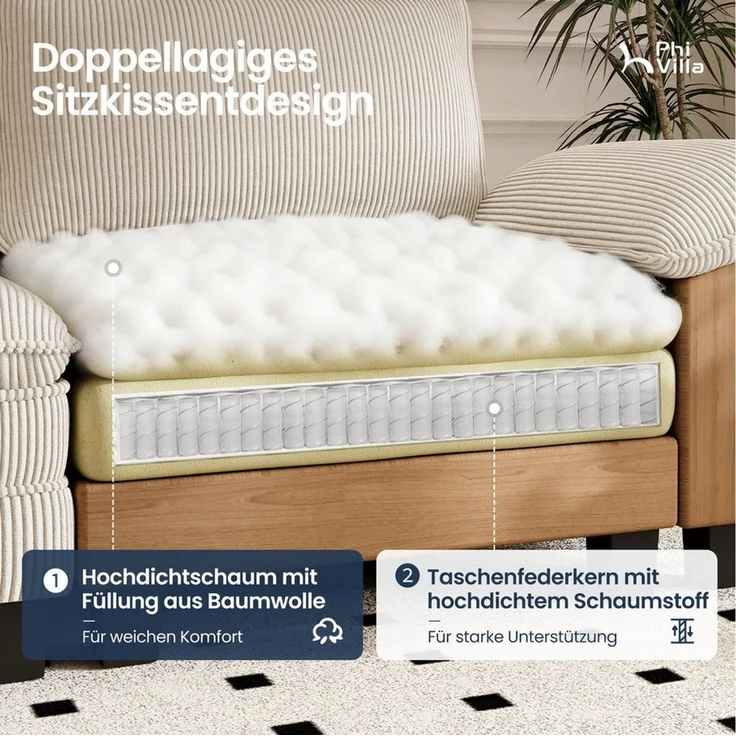 PHI VILLA Ecksofa L-Form Couch, 4-6-Sitzer-Sofa, Modulare Sofas inklusive Zierkissen und Ottomane für das Wohnzimmer – Bild 3