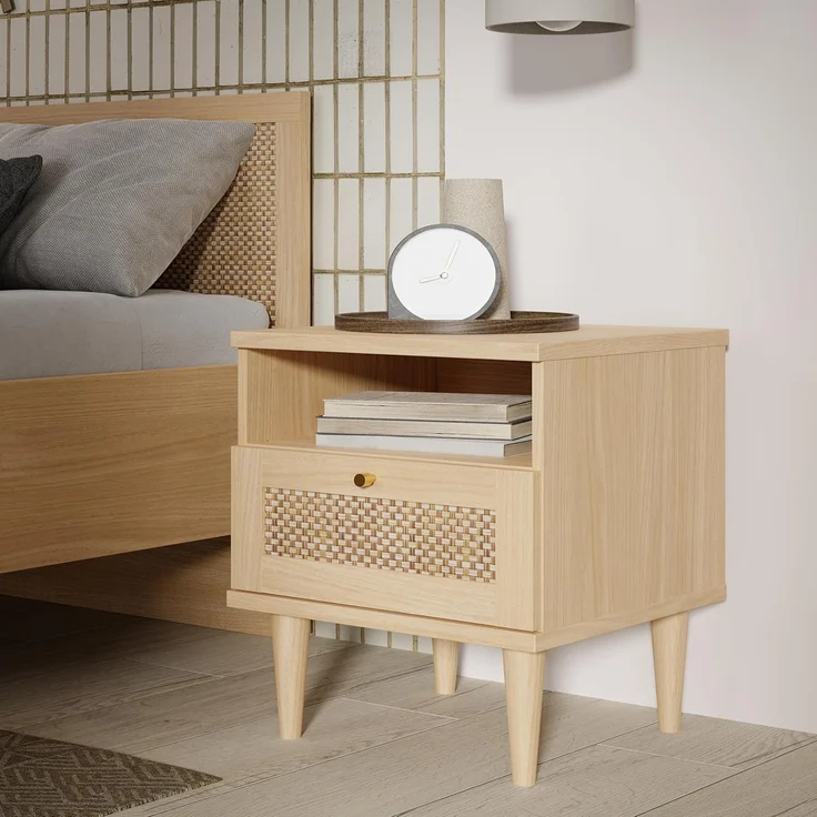 FORTE Calasetta Nachttisch 45 cm Boho Stil Wiener Geflecht Nachtschrank mit Schublade Holz Dekor: Elegancia Eiche/Technorattan, klein schmal, 45 cm breit x 54,5 cm hoch x 41 cm tief – Bild 2