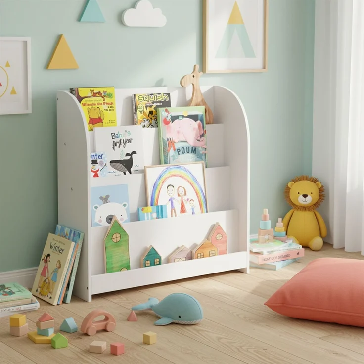 Bellabino 'Baru' Kinderbücherregal, weiß, Holz, 88x30x80 cm, Montessori Kinderregal mit 4 Ablagefächern – Bild 2