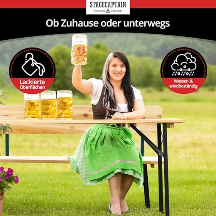 Stagecaptain 'Hirschgarten' Bierzeltgarnitur mit Lehne, Holz, 119 x 44,5 x 75,5 cm, 4x Bank, 2x Tisch, Natur – Bild 5