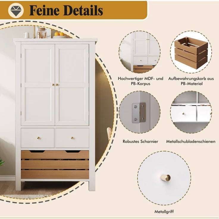 Küchenschrank (80x40x140cm), hohes Küchenbuffet, Mehrzweckbuffet, Snackschrank, Aufbewahrungsmöbel mit zwei Türen und fünf Schubladen, schwarz/weiß – Bild 7