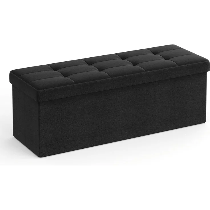 Songmics Sitzbank mit Stauraum, Sitztruhe, Aufbewahrungsbox, faltbar, max. statische Belastbarkeit 300 kg, mit Trenngitter aus Metall, 120 L, 110 x 38 x 38 cm, Leinenimitat, schwarz