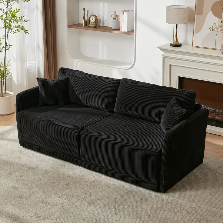 Wohnora-Moderne minimalistische Stoffsofa mit multifunktionaler Umwandlung – Komfortables Schlafsofa für Wohnzimmer, Büros und Studios, klappbares Doppelschlafsofa für kleine Wohnungen,H 84cm x T 182cm x B 88cm,Schwarz – Bild 4