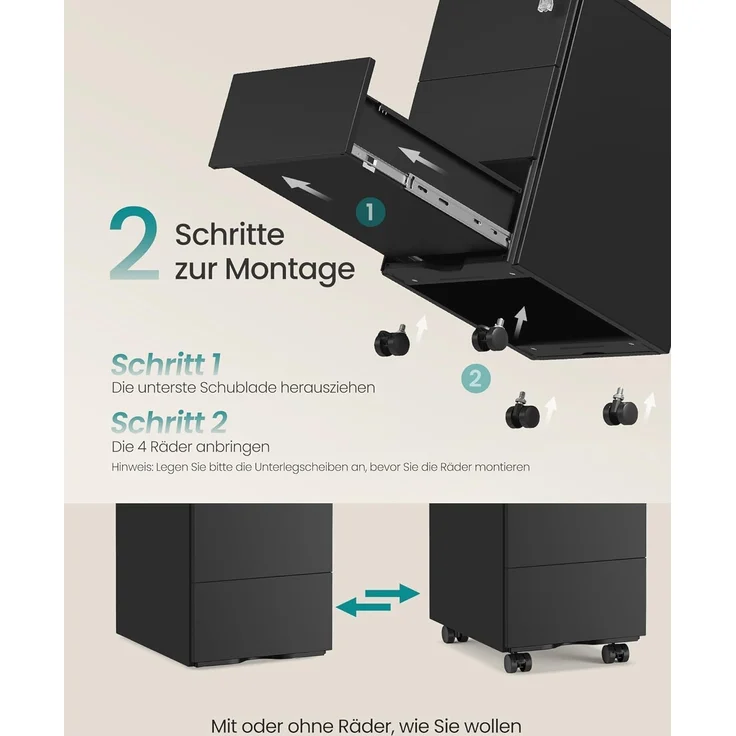 SONGMICS Schubladenschrank, Rollcontainer, mobiler Aktenschrank, Metallschrank, Druckertisch, abschließbar, 3 Schubladen, vormontiert, Büro, Homeoffice, 40 x 30 x 54 cm, Mattschwarz OFC079B01 – Bild 7