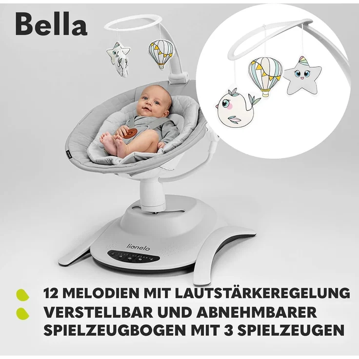 LIONELO Bella Elektrische Babywippe 360o für Babys bis 9 kg, verstellbare Rückenlehne, 5 Schaukelgeschwindigkeiten Sicherheitsgurt Erkennung von Bewegungen Anti-Rutsch – Bild 7