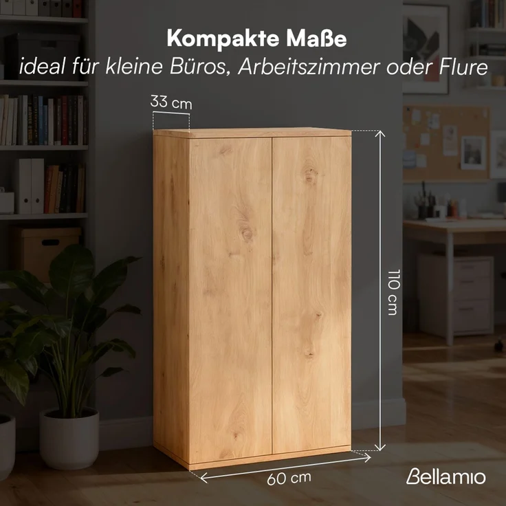 Bellamio 'Ais' Mehrzweckschrank, Eichenoptik, 110x33x60 cm, kleiner Aktenschrank mit 3 Fächern, Hängeschrank mit Push-to-open – Bild 6